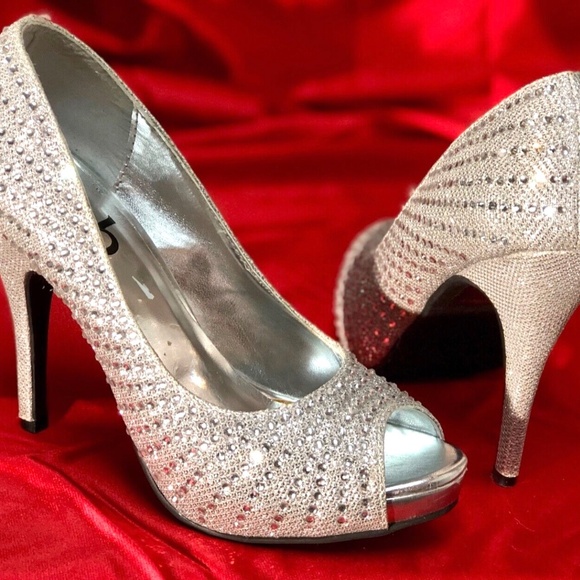 DEB Sparkly Silver Rhinestoned Peep Toe Stiletto High Heel Pumps~Wedding Prom~7 - Picture 2 of 12